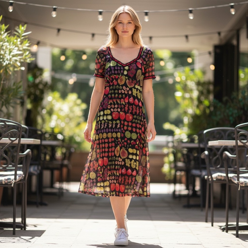 Betsey Johnson Fruit Print Mesh Midi Dress Black V-Neck Lace Trim D1699 Size M